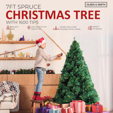 Olsen & Smith 7ft Christmas Tree - Premium Plain Artificial Christmas Tree for Home Decor with 1600 PVC Branch Tips & Metal Stand - Traditional Christmas Decor Green Xmas Tree